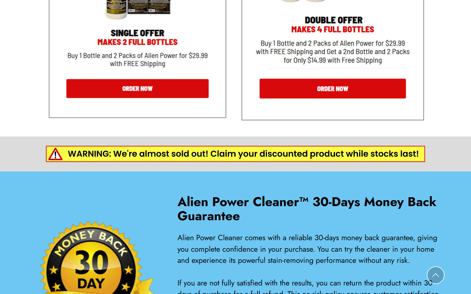 Alien Power Cleaner bundle pricing, almost sold out warning, and 30-day guarantee