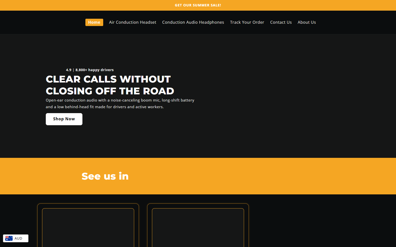 AlphaEars website advertising an open-ear headset for drivers and workers
