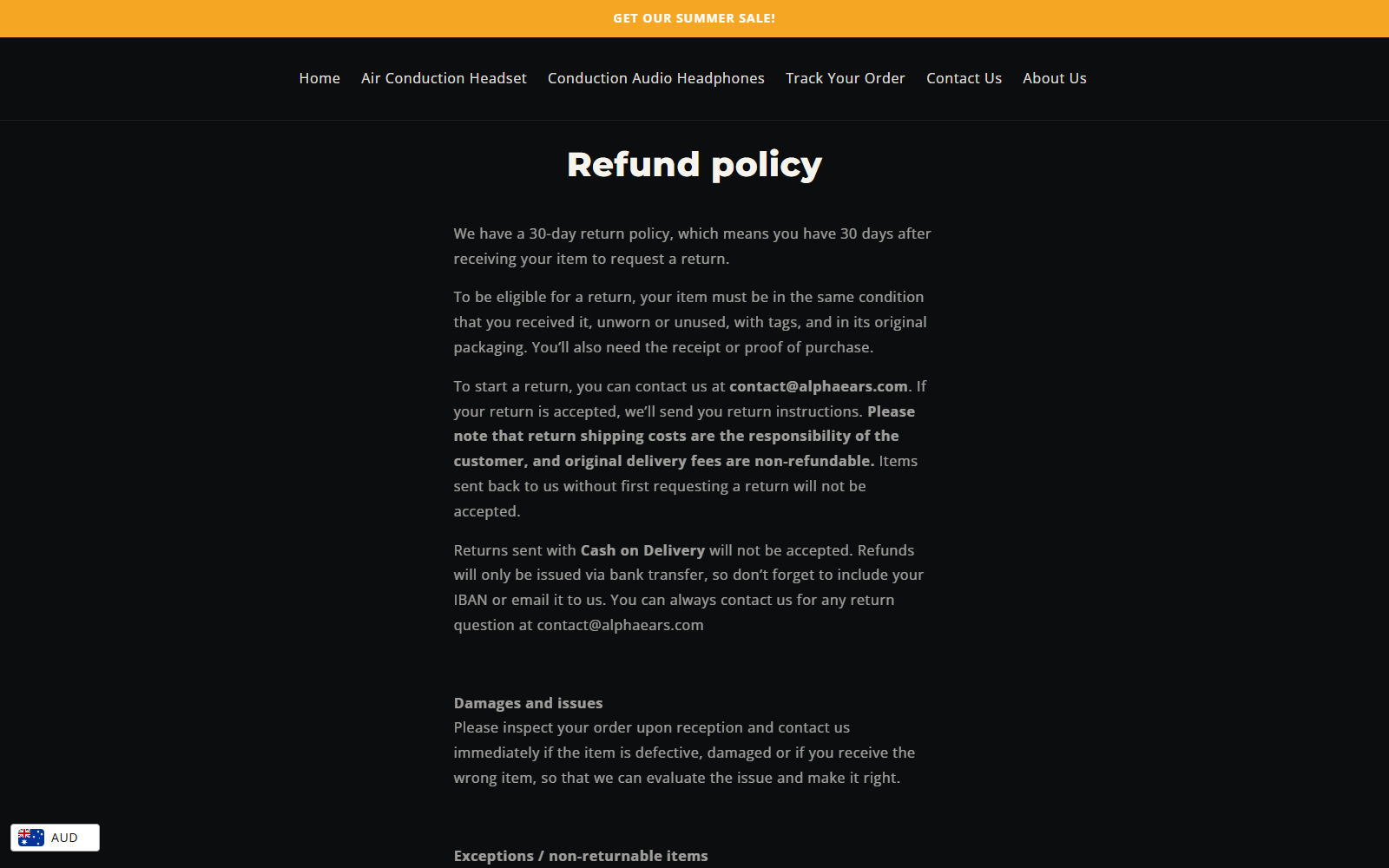 AlphaEars refund policy showing bank-transfer wording and sale-item exclusions