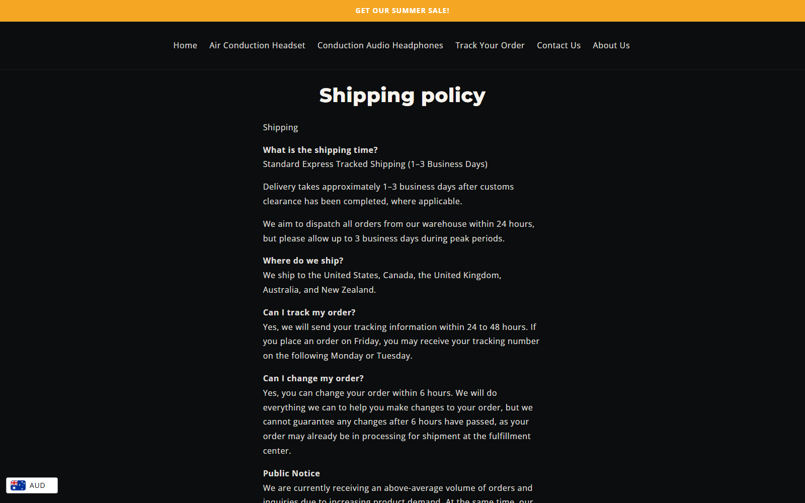 AlphaEars shipping policy referencing customs clearance and an unnamed fulfillment center