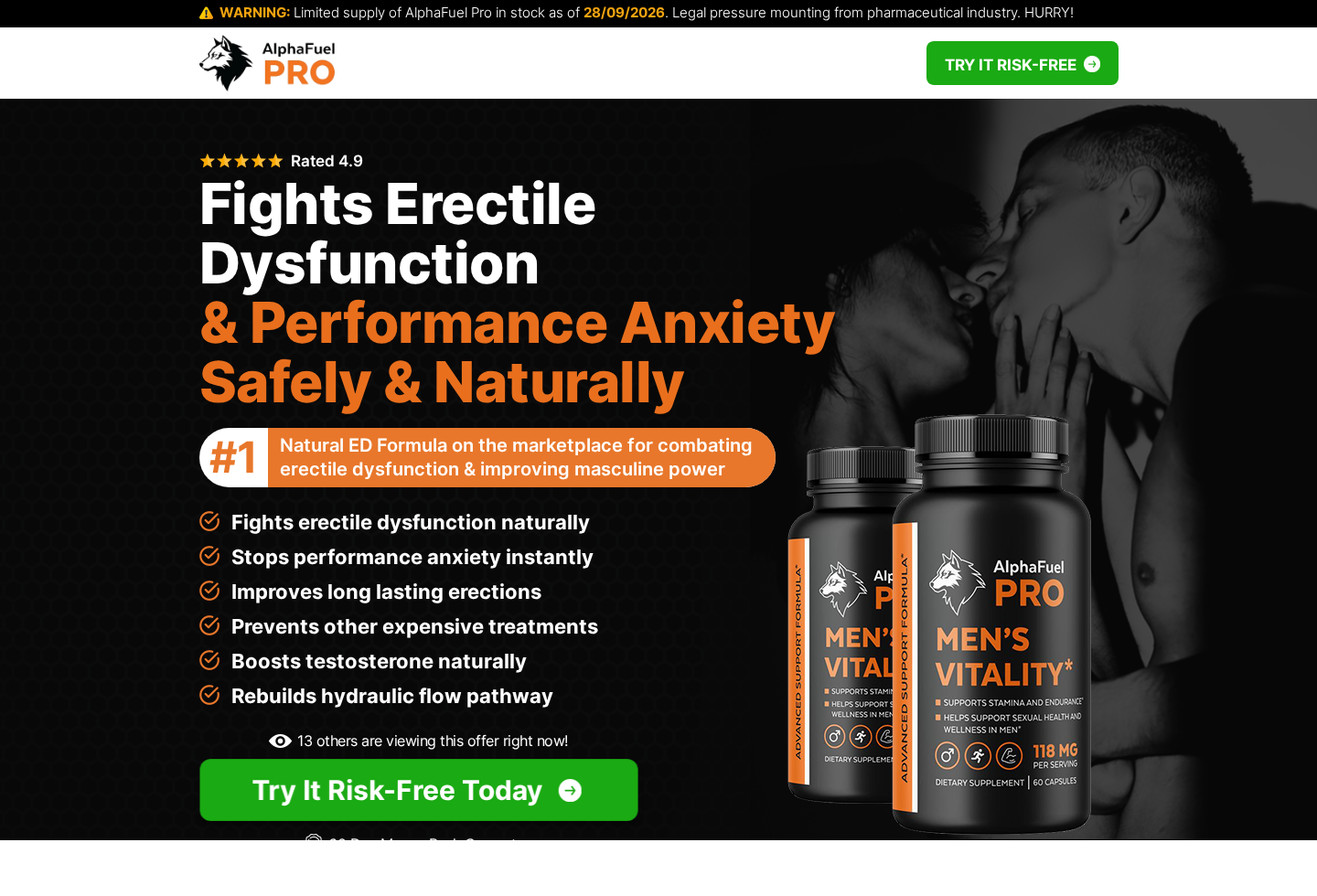 Screenshot of the AlphaFuel Pro website making erectile dysfunction and performance claims