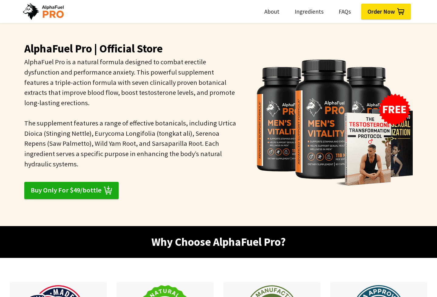 Screenshot of an AlphaFuel Pro official store listing botanicals and package pricing