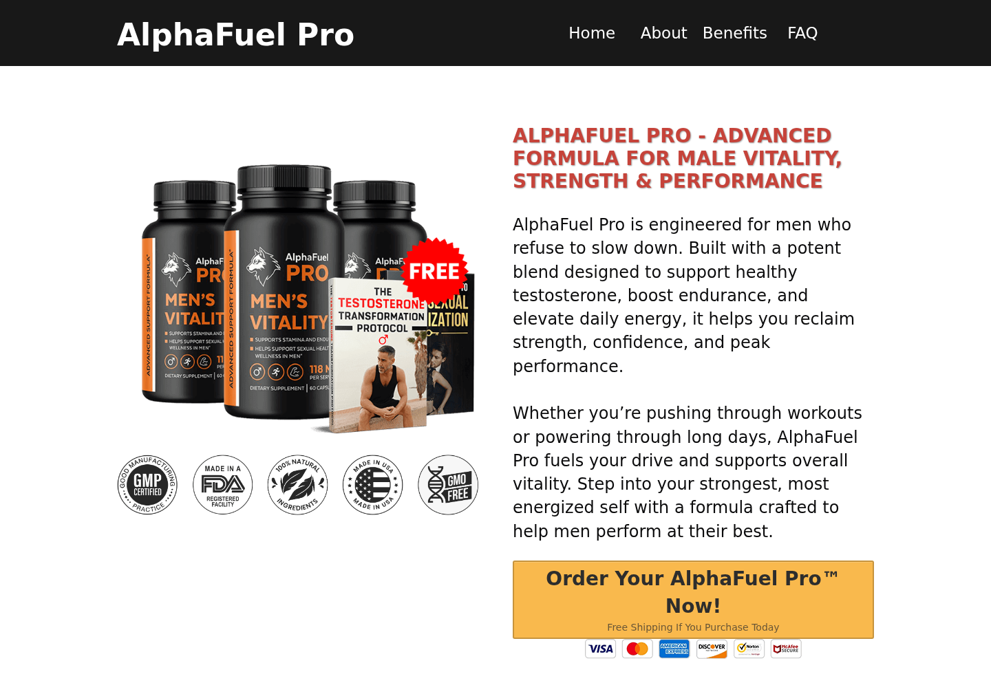 Screenshot of a second AlphaFuel Pro page using the same bottle in a generic male vitality offer