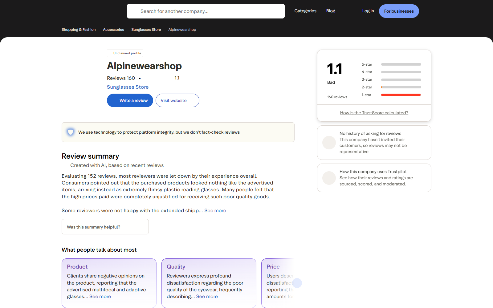 Trustpilot profile for Alpinewearshop showing a 1.1 rating from 160 customer reviews
