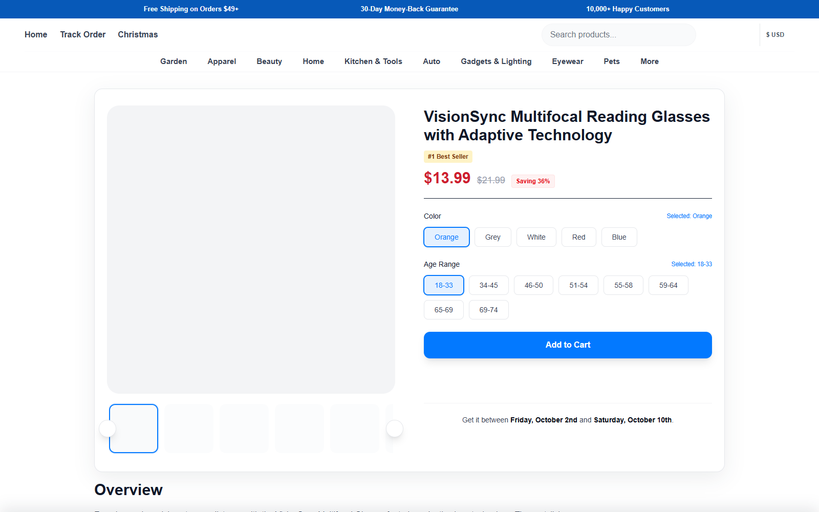 VisionSync adaptive multifocal glasses listing reused by another online storefront at a much lower price
