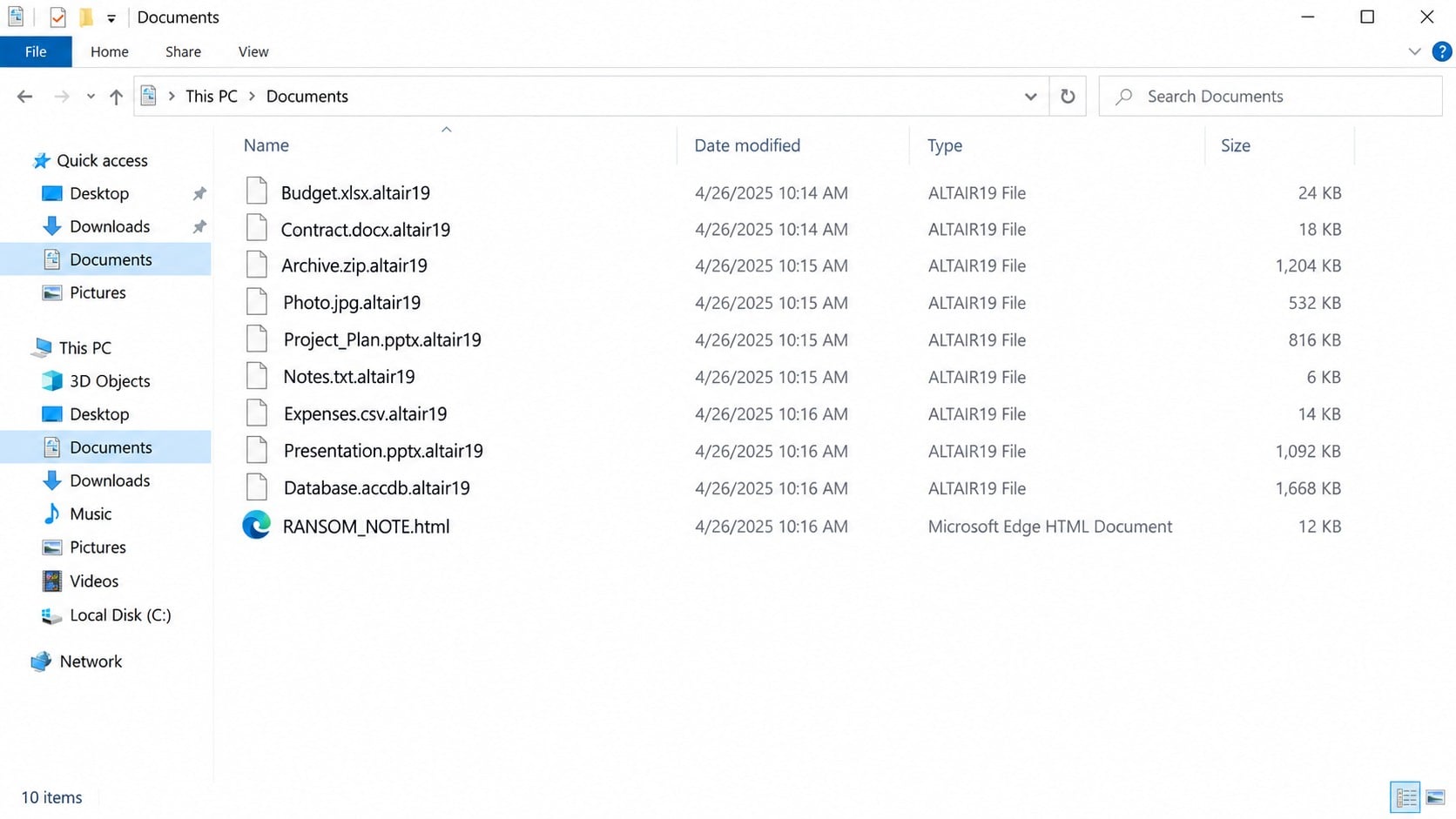 File explorer showing documents renamed with the Altair ransomware extension