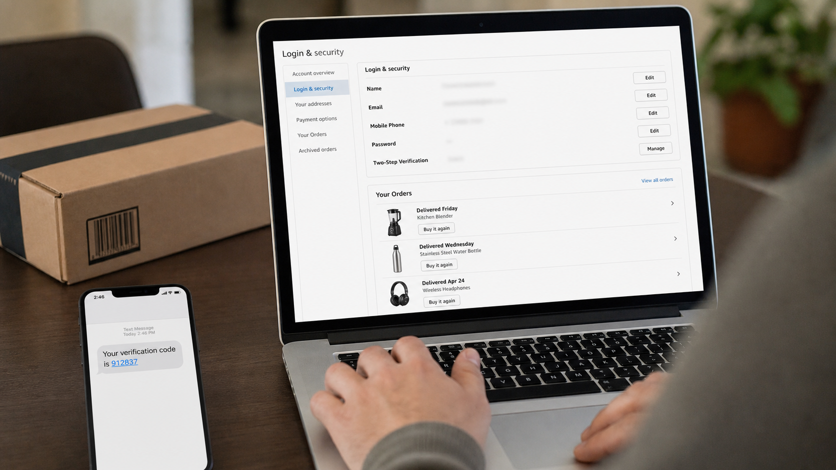 Amazon Verification Code Text Scam: How the OTP Account Takeover Works 2 Shopper reviewing Amazon login security and orders after an unexpected verification code