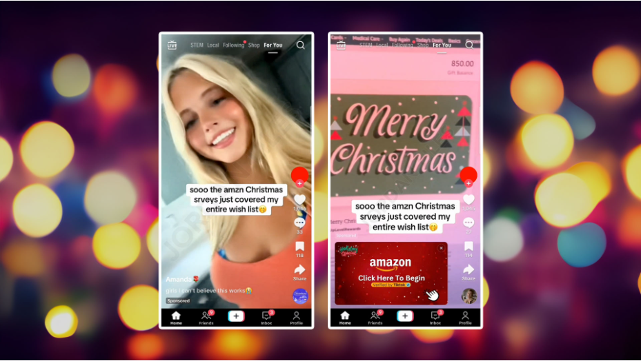 Amazon Christmas Survey Scam Exposed: The Fake TikTok Gift Card Trap Online 1 TikTok advertisements promoting a fake Amazon Christmas Survey gift card offer