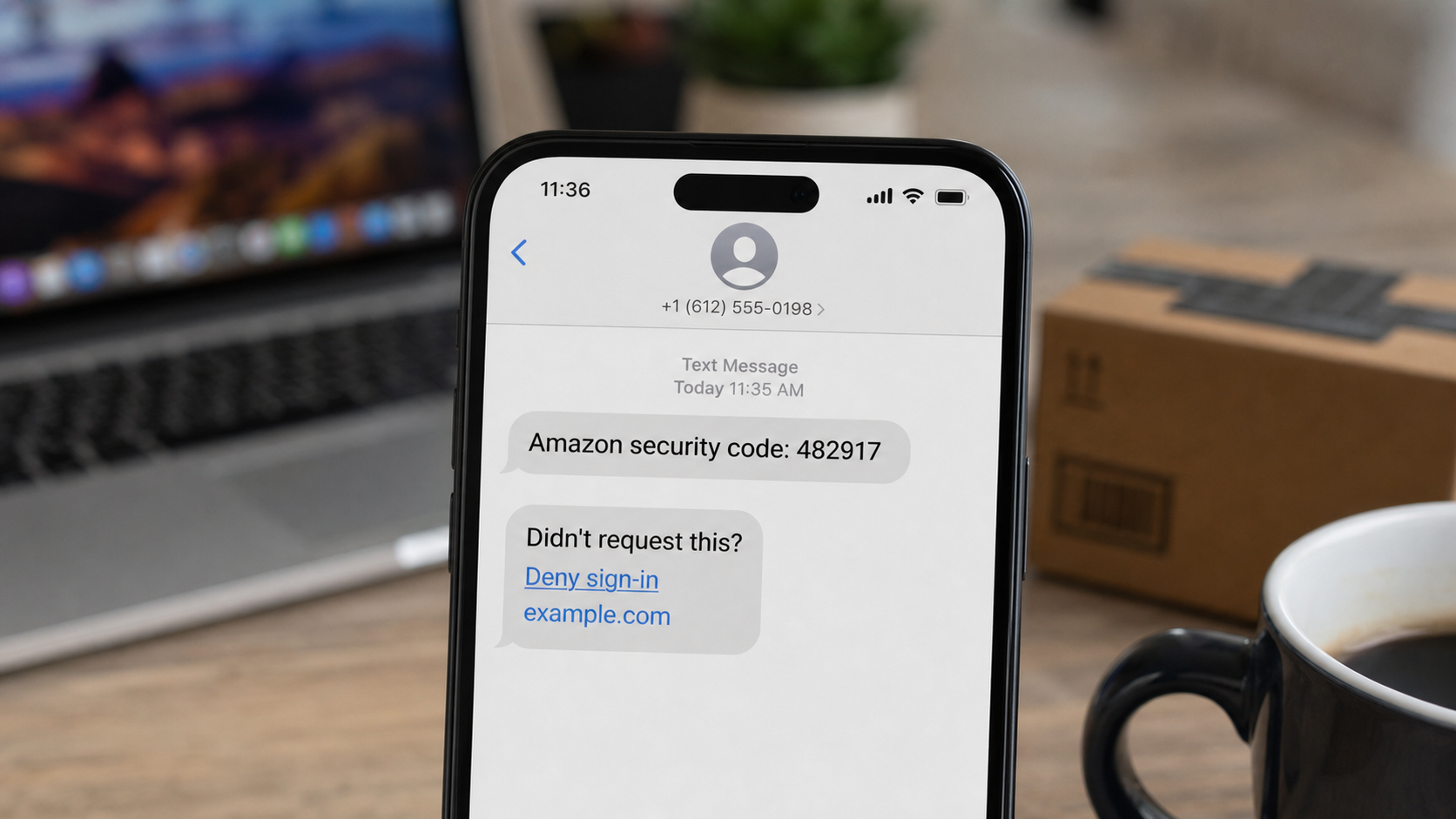 Amazon Verification Code Text Scam: How the OTP Account Takeover Works 1 Realistic reconstruction of an Amazon verification code text scam with a fake denial link