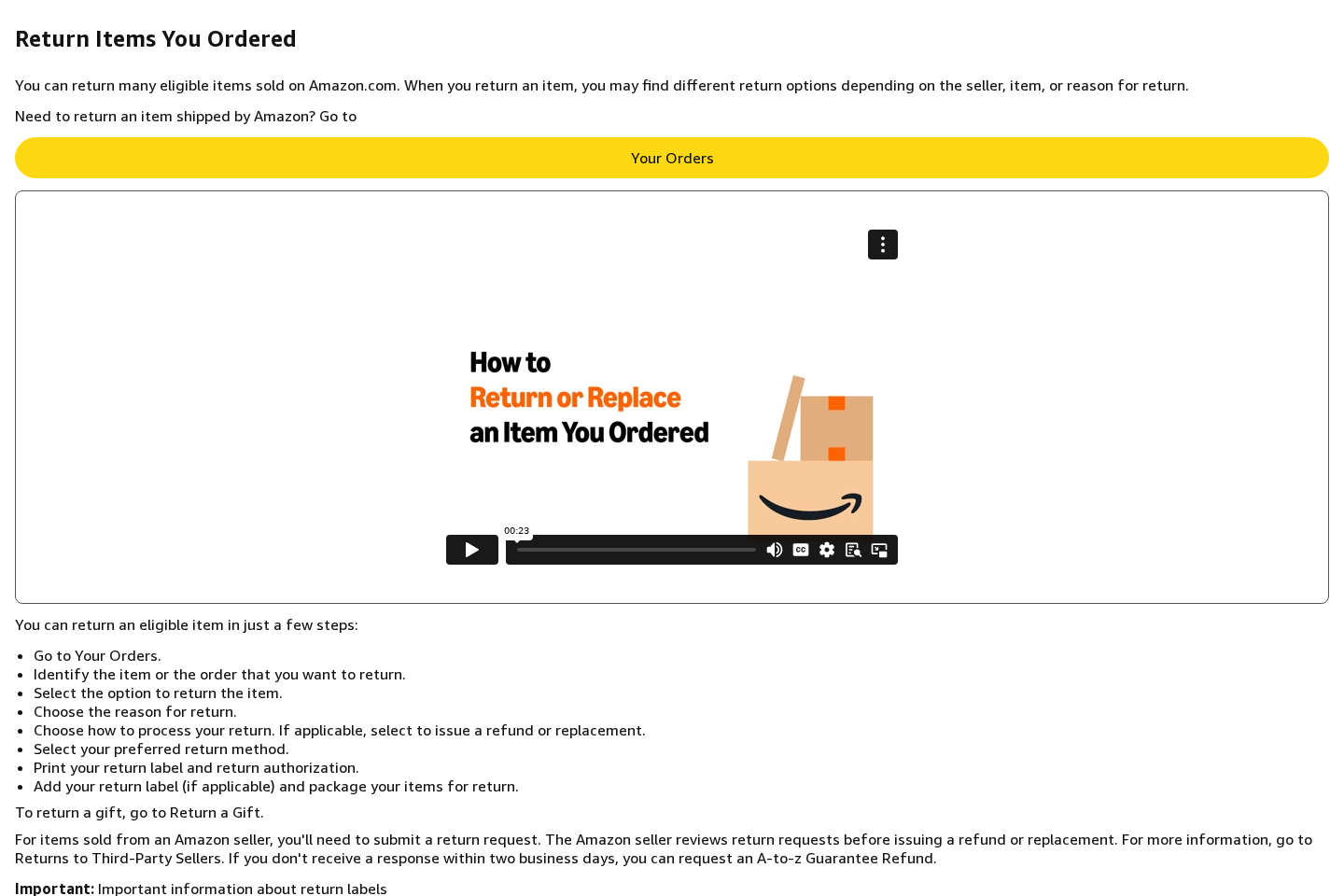 Amazon return instructions showing the official Your Orders process