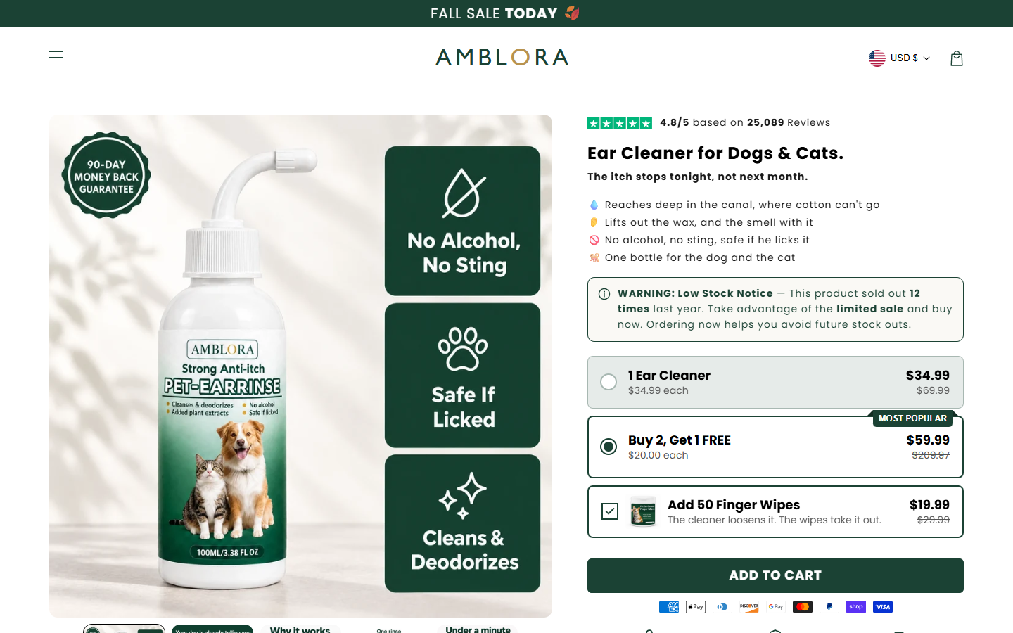 Amblora ear cleaner product page showing rapid itch-relief claims and package choices