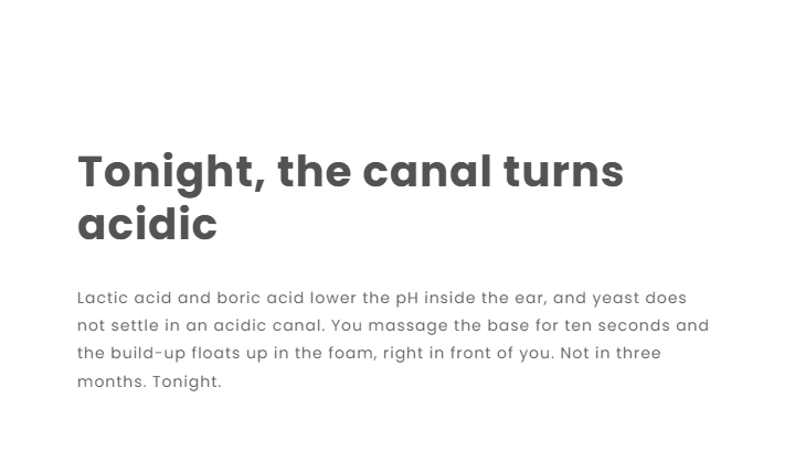 Amblora sales page claiming acids can relieve ear symptoms the same evening