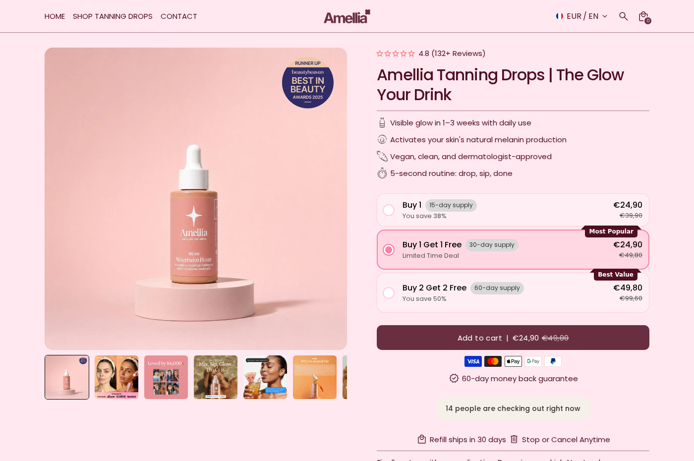 Amellia Tanning Drops product page showing bottle, bundle prices, and refill shipping after 30 days