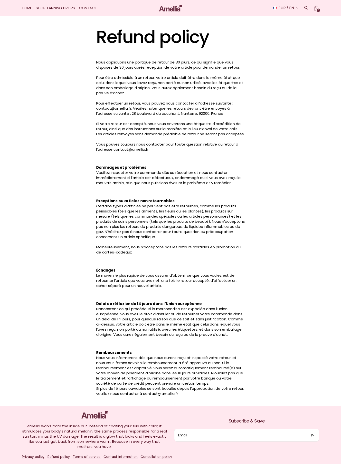 Amellia refund policy showing a 30-day window, personal-care exclusions, sale exclusions, and Nanterre return address