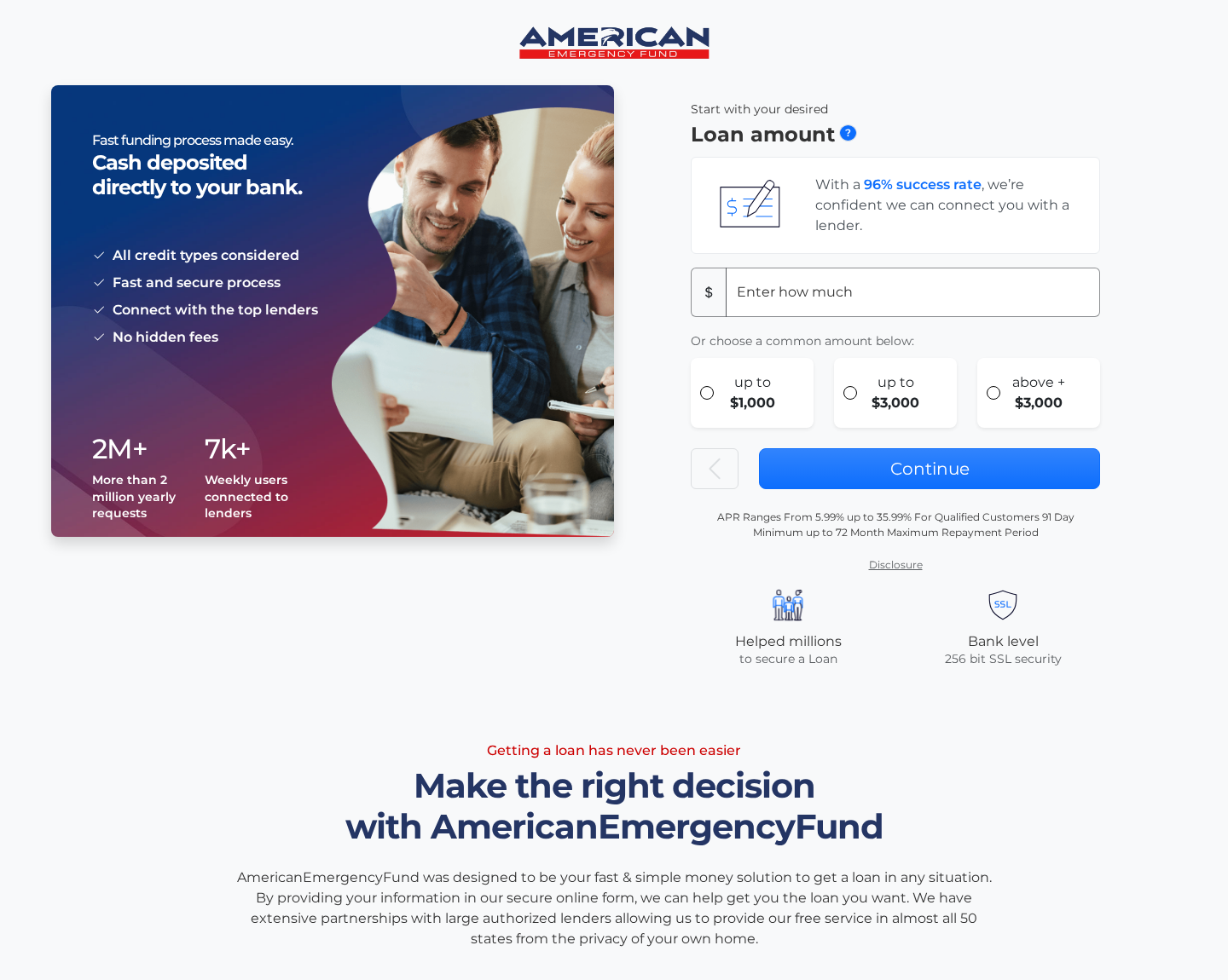 American Emergency Fund loan request page showing funding claims and an application form