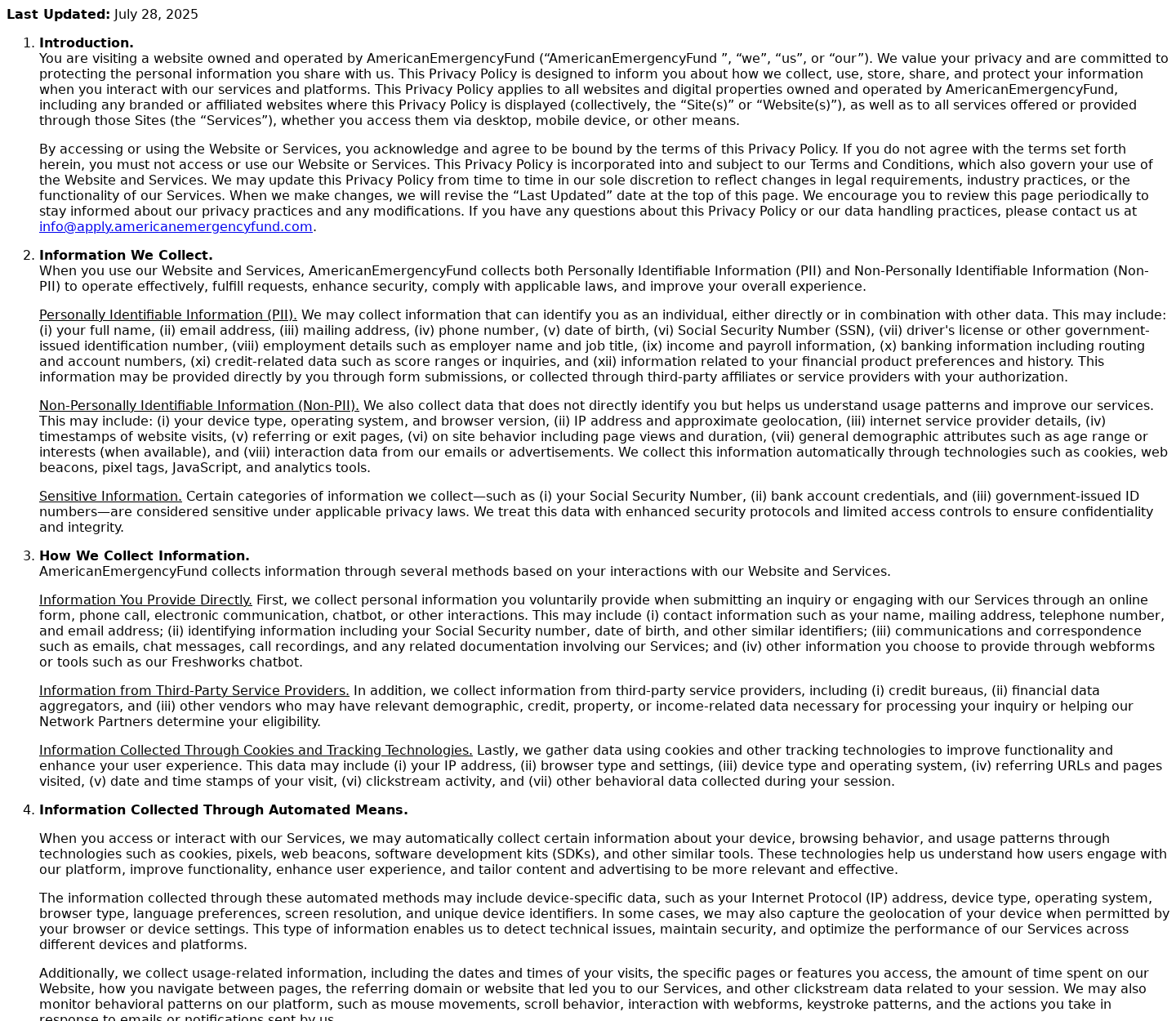 American Emergency Fund privacy policy listing sensitive financial and identity information