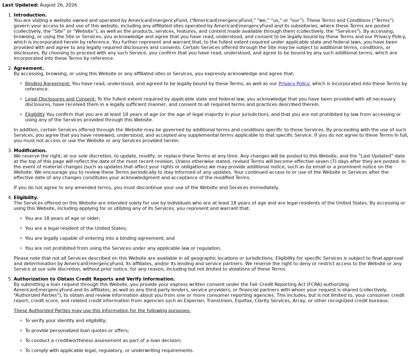American Emergency Fund terms describing credit authorization and partner access