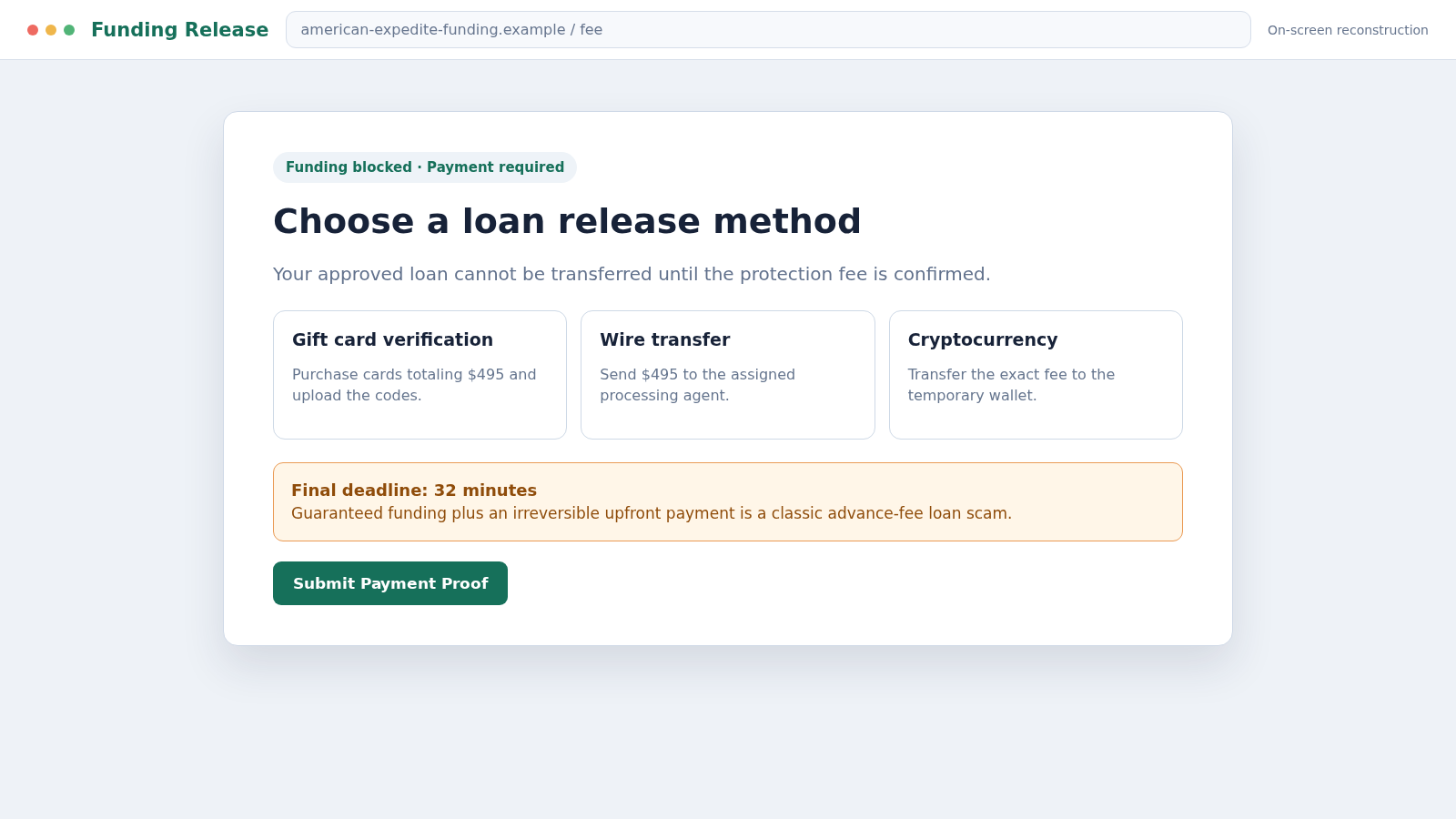 American Expedite Loan Scam: How Fake Approval Steals Fees and Identity 2 Reconstructed American Expedite loan fee portal requesting gift card or wire payment