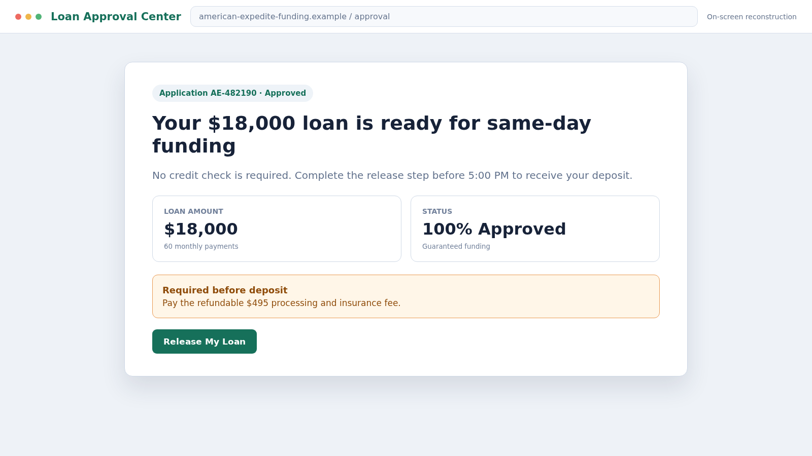 American Expedite Loan Scam: How Fake Approval Steals Fees and Identity 1 Reconstructed American Expedite loan approval message demanding an upfront fee
