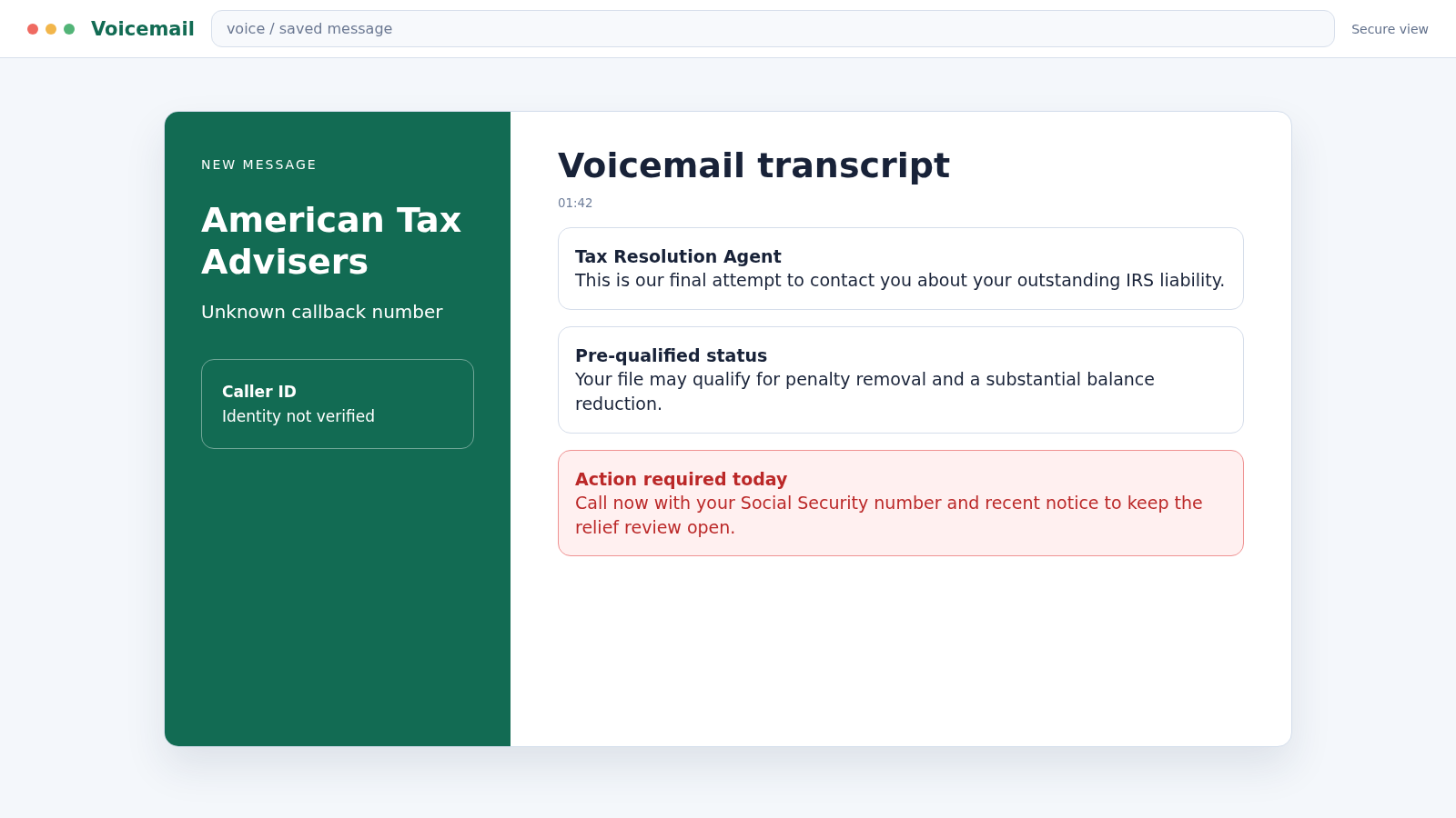 American Tax Advisers Scam Calls: Fake IRS Relief Offer Steals Your Data 1 Reconstructed American Tax Advisers scam voicemail promising urgent IRS debt relief