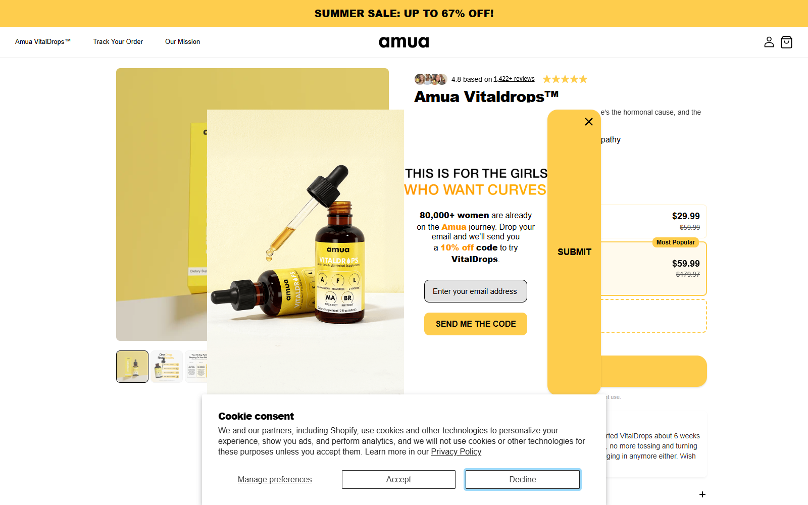 AMUA VitalDrops product page showing the supplement bottle and package prices