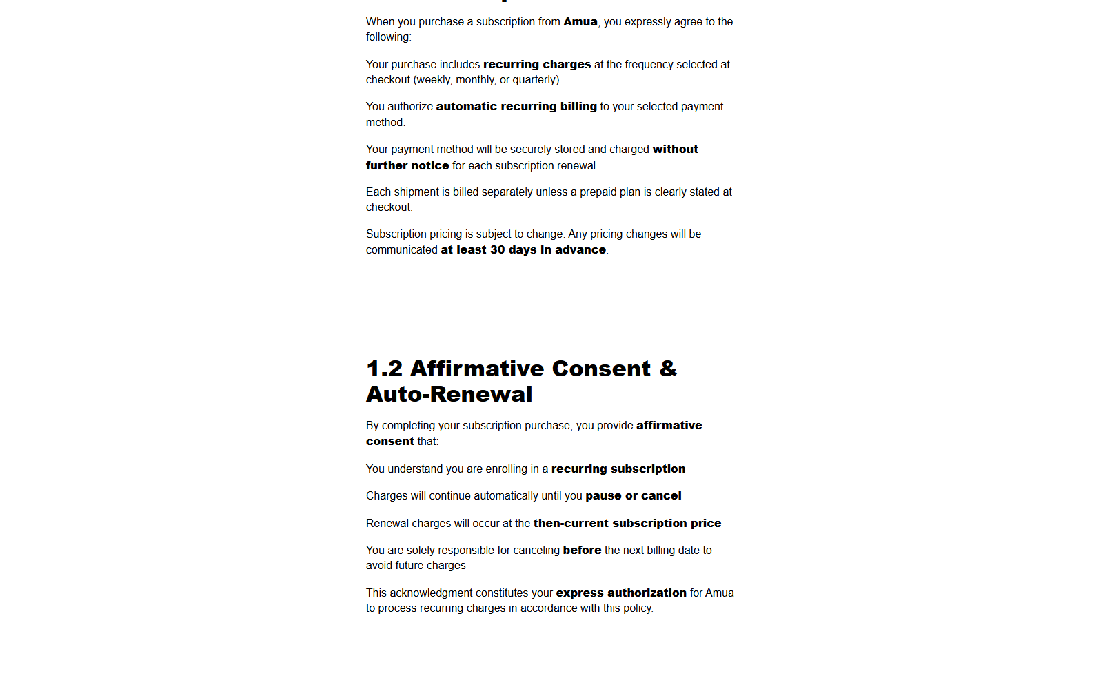 AMUA subscription policy describing automatic recurring billing and renewals