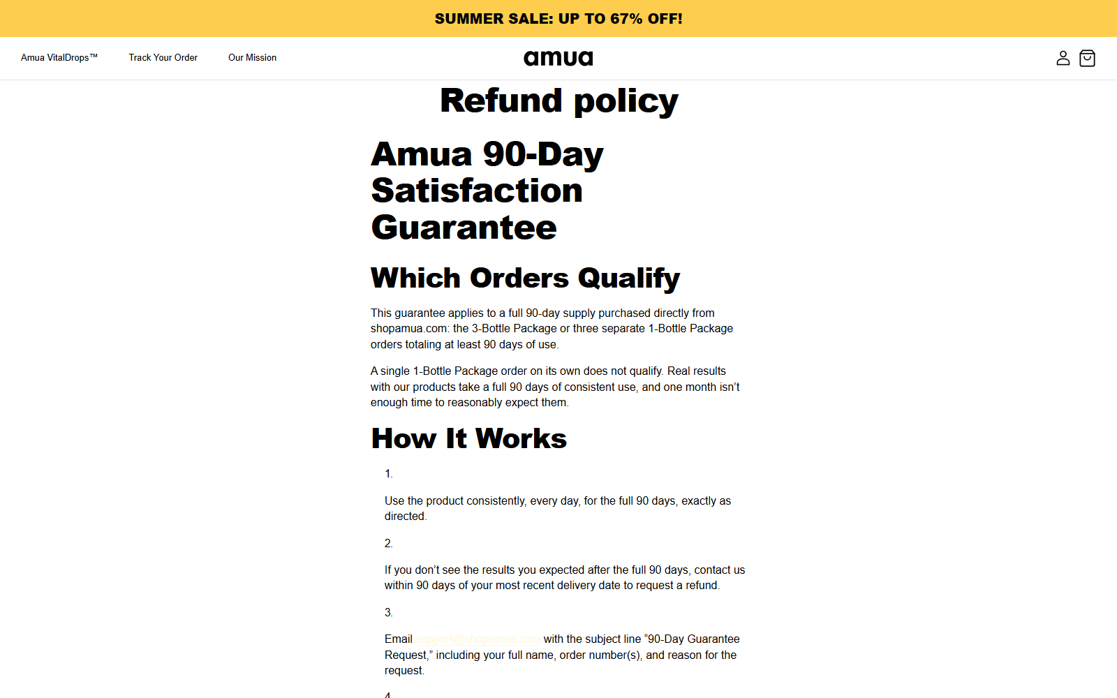 AMUA refund policy explaining the 90-day supply requirement