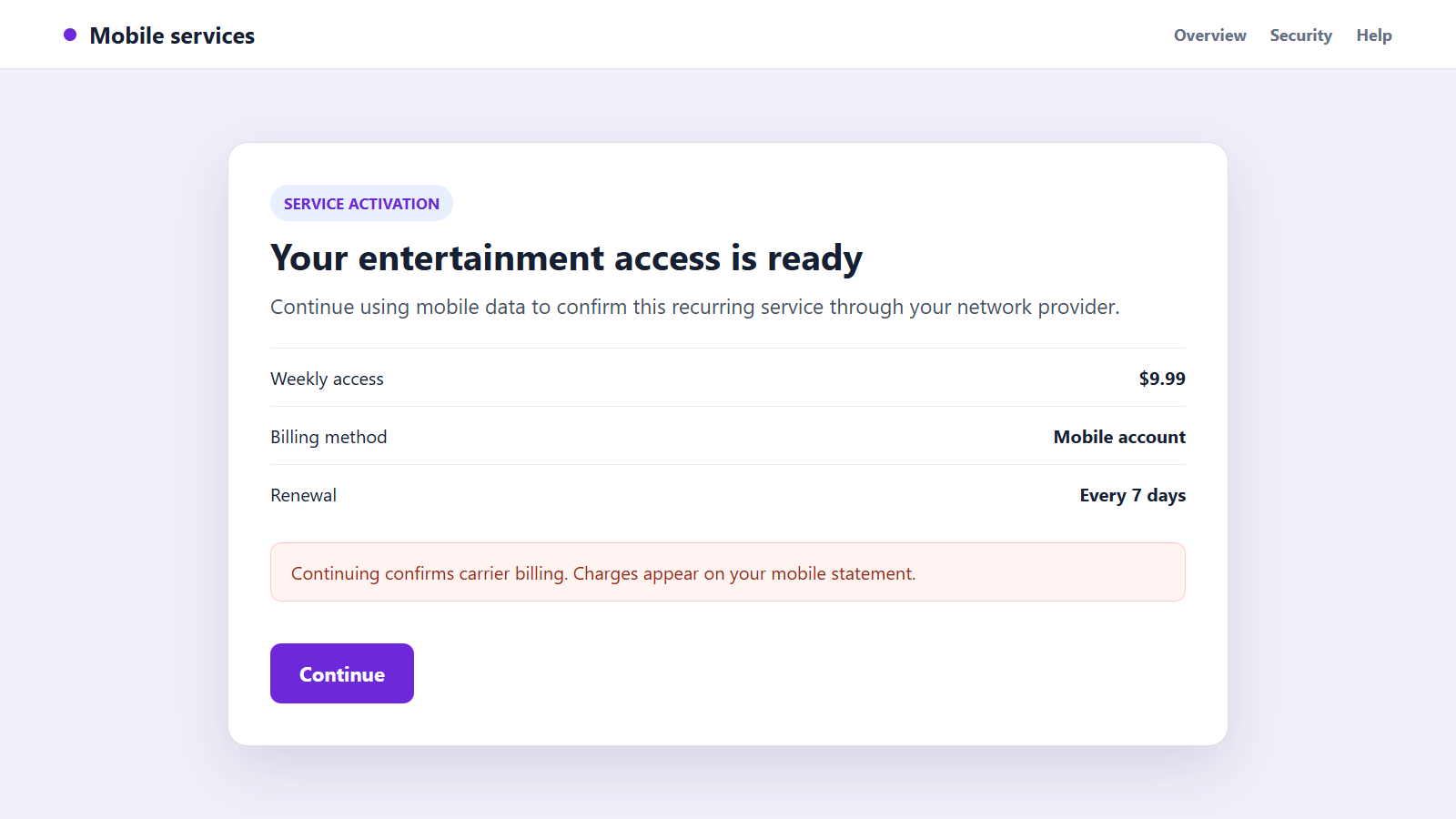 Reconstructed Android premium subscription page using mobile carrier billing