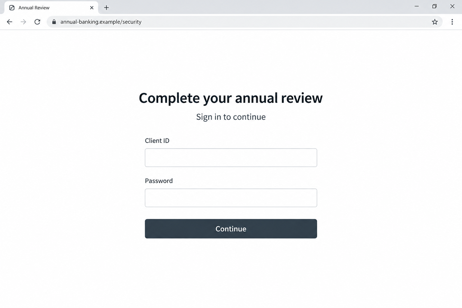 Illustrative counterfeit annual banking review page requesting a client ID and password