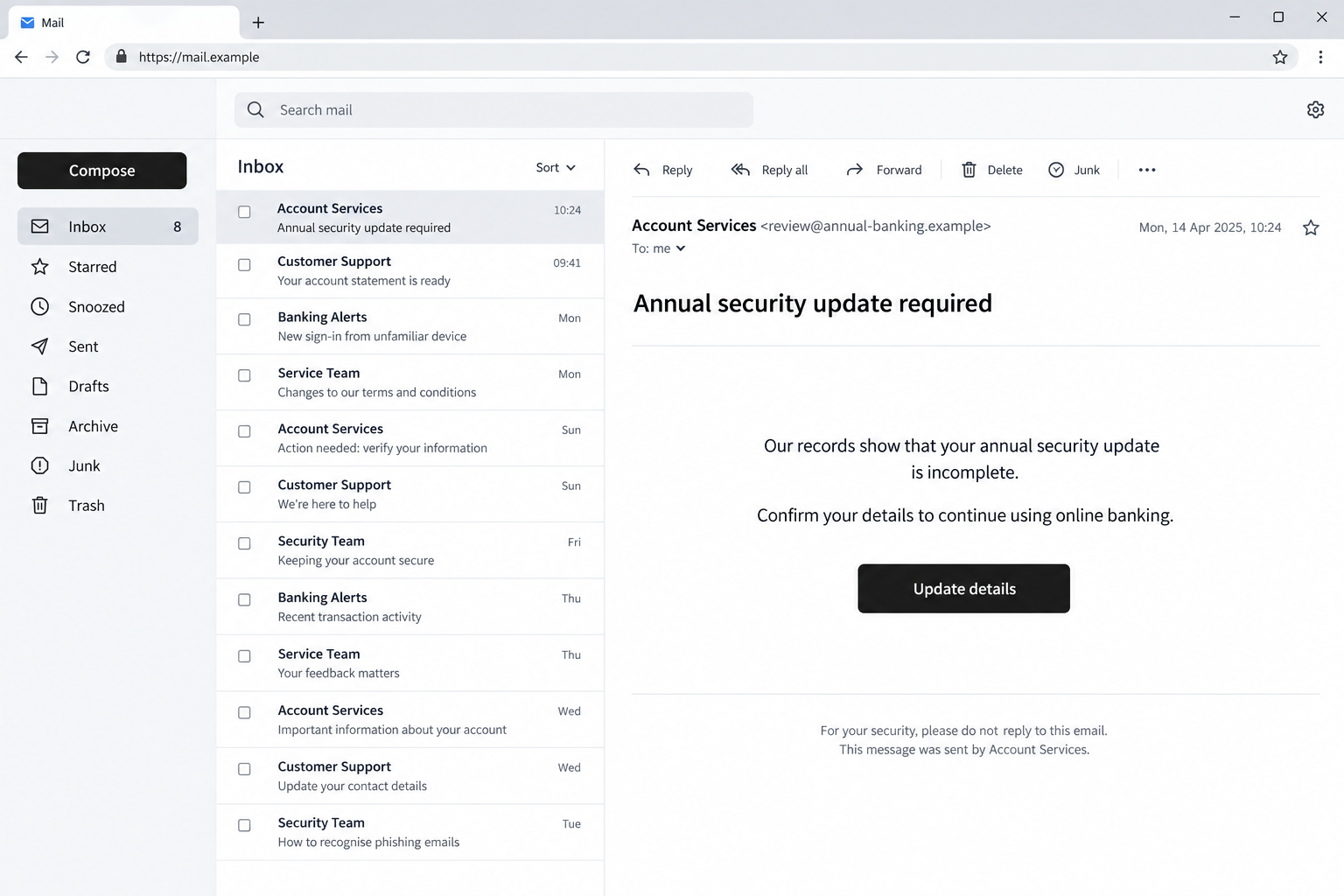 Illustrative phishing email claiming that an annual banking security update is incomplete