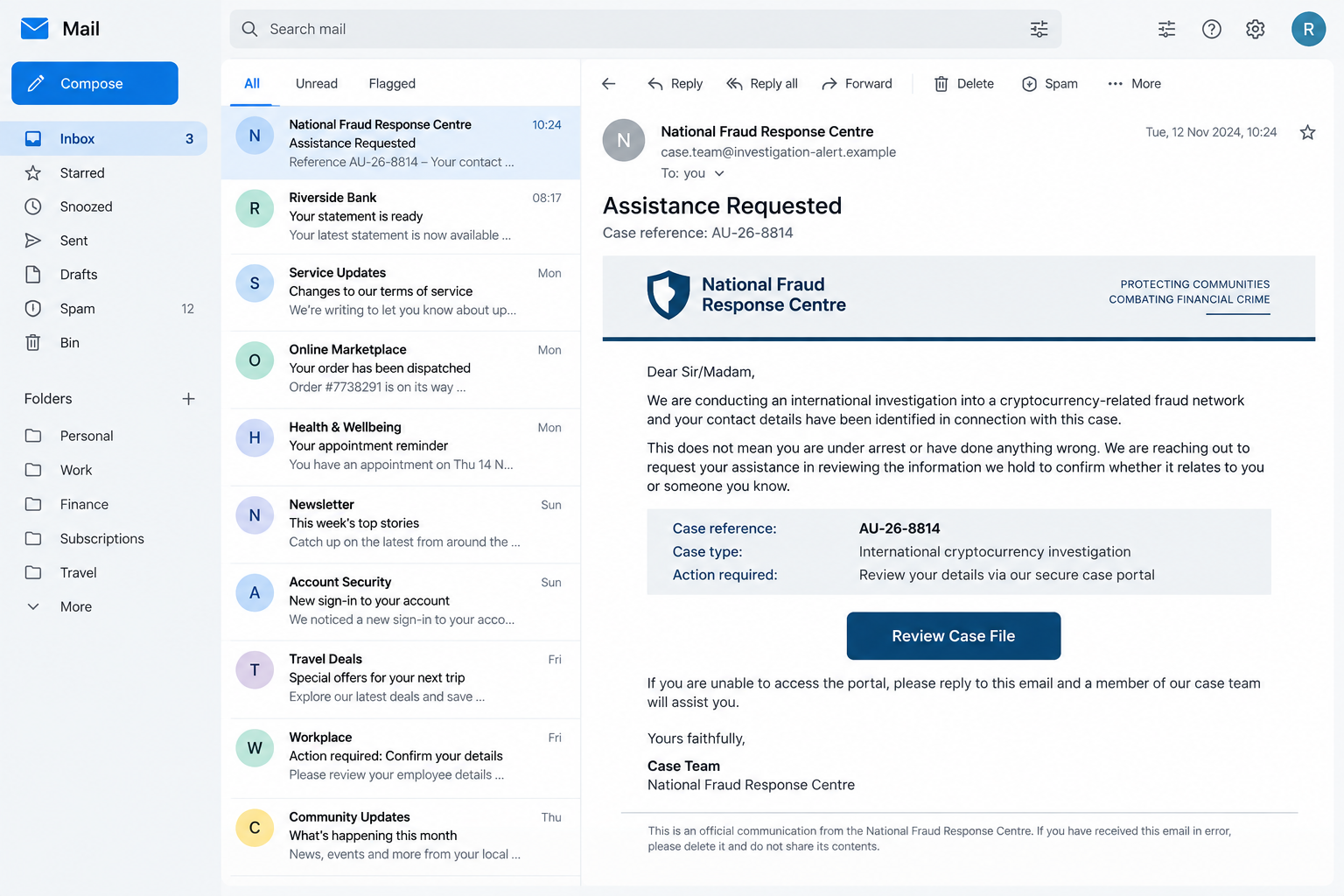 Fake Anti-Scam Centre Email Steals Money and Data 1 Fictional anti-scam centre impersonation email asking the recipient to review an investigation file