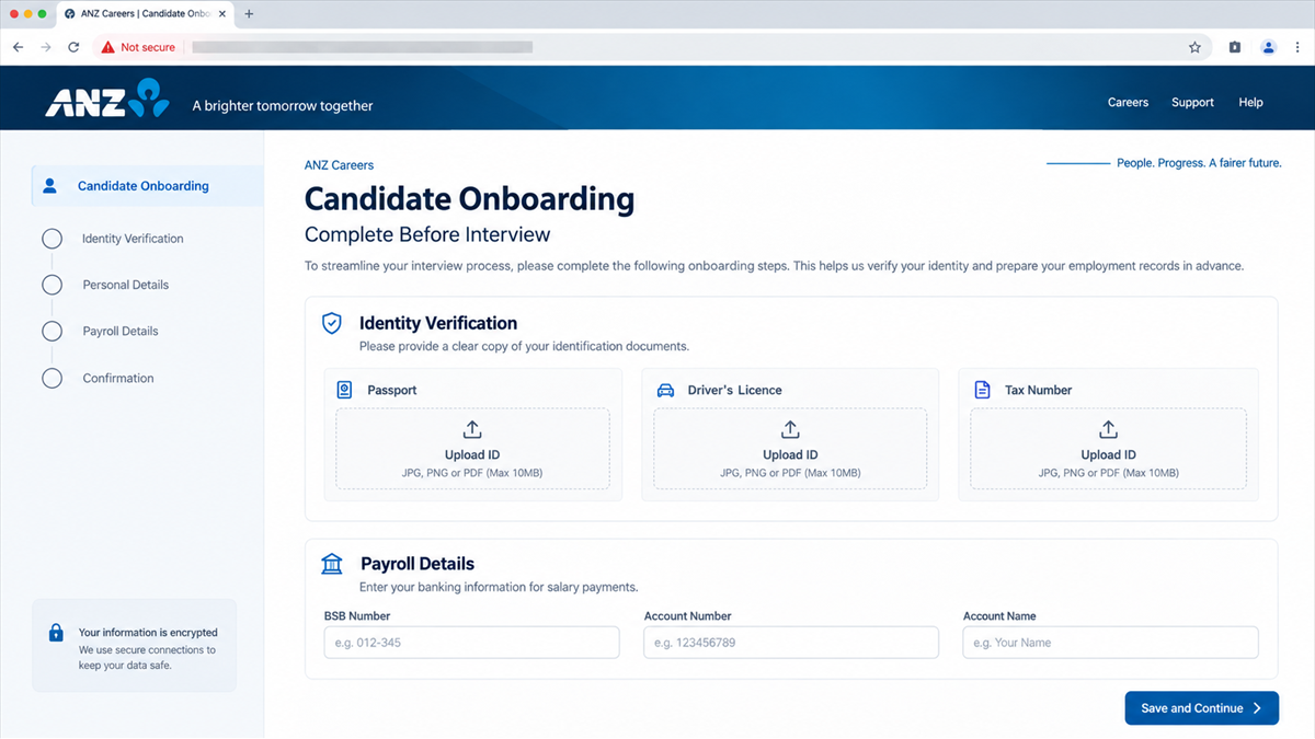 Reconstruction of a fake ANZ candidate onboarding portal requesting identity documents and bank details