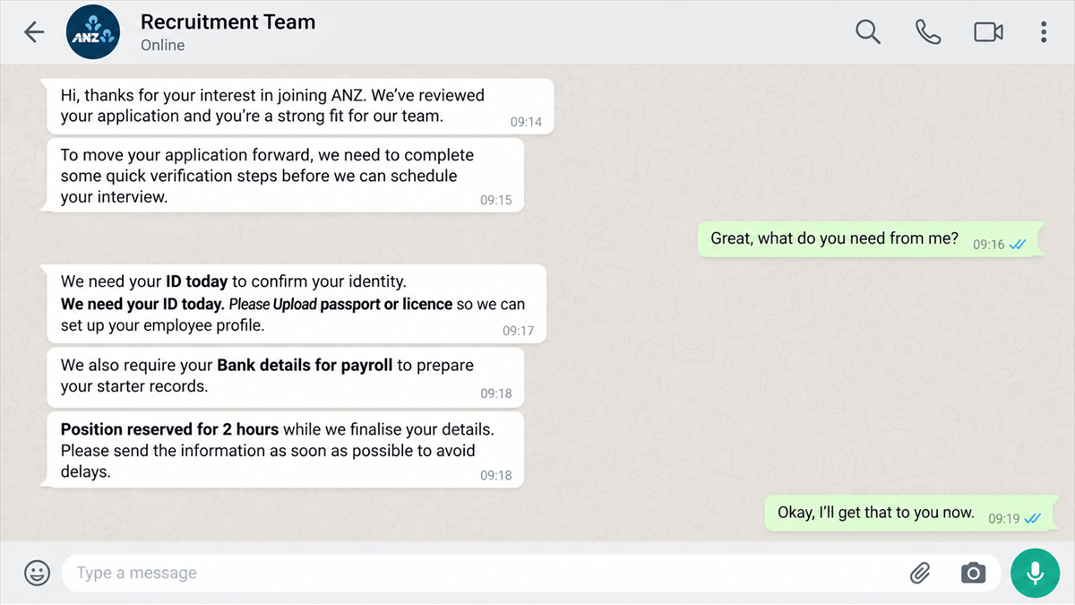 Reconstruction of a chat in which a fake ANZ recruiter requests identity and payroll information