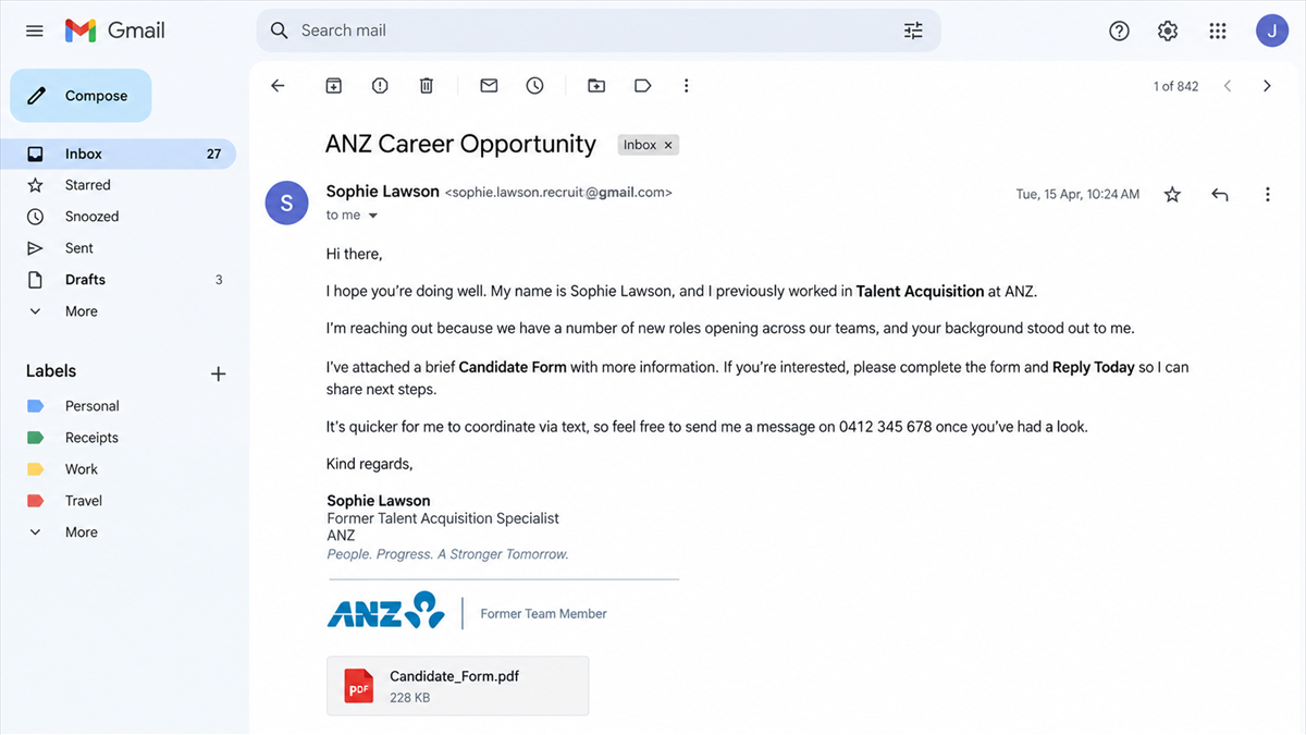 Reconstruction of a Gmail message from a scammer impersonating a former ANZ recruiter