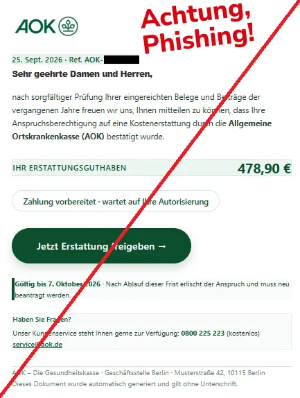 Authentic AOK impersonation email offering a 478.90 euro refund, with a phishing annotation from the consumer warning service