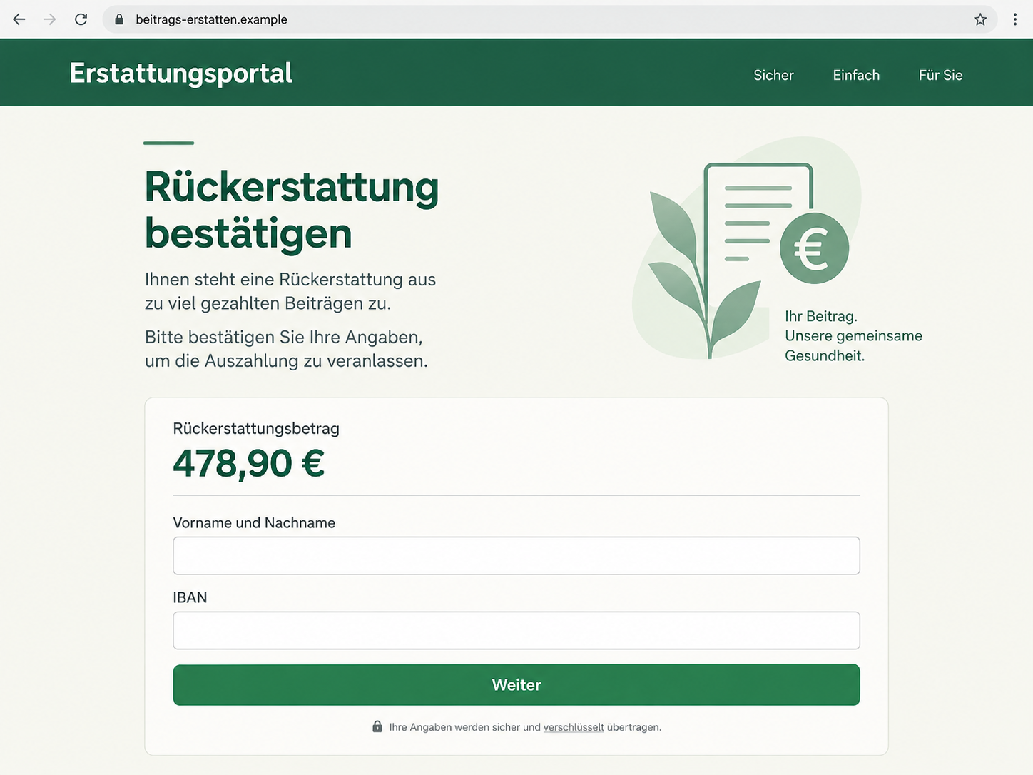 Illustrative reconstruction of a contribution refund form requesting a name and IBAN on a fictional domain, not the observed campaign website