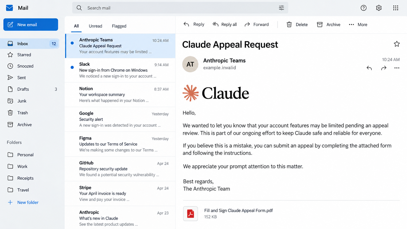 Reconstruction of a Claude policy appeal email with a PDF attachment and urgent account warning