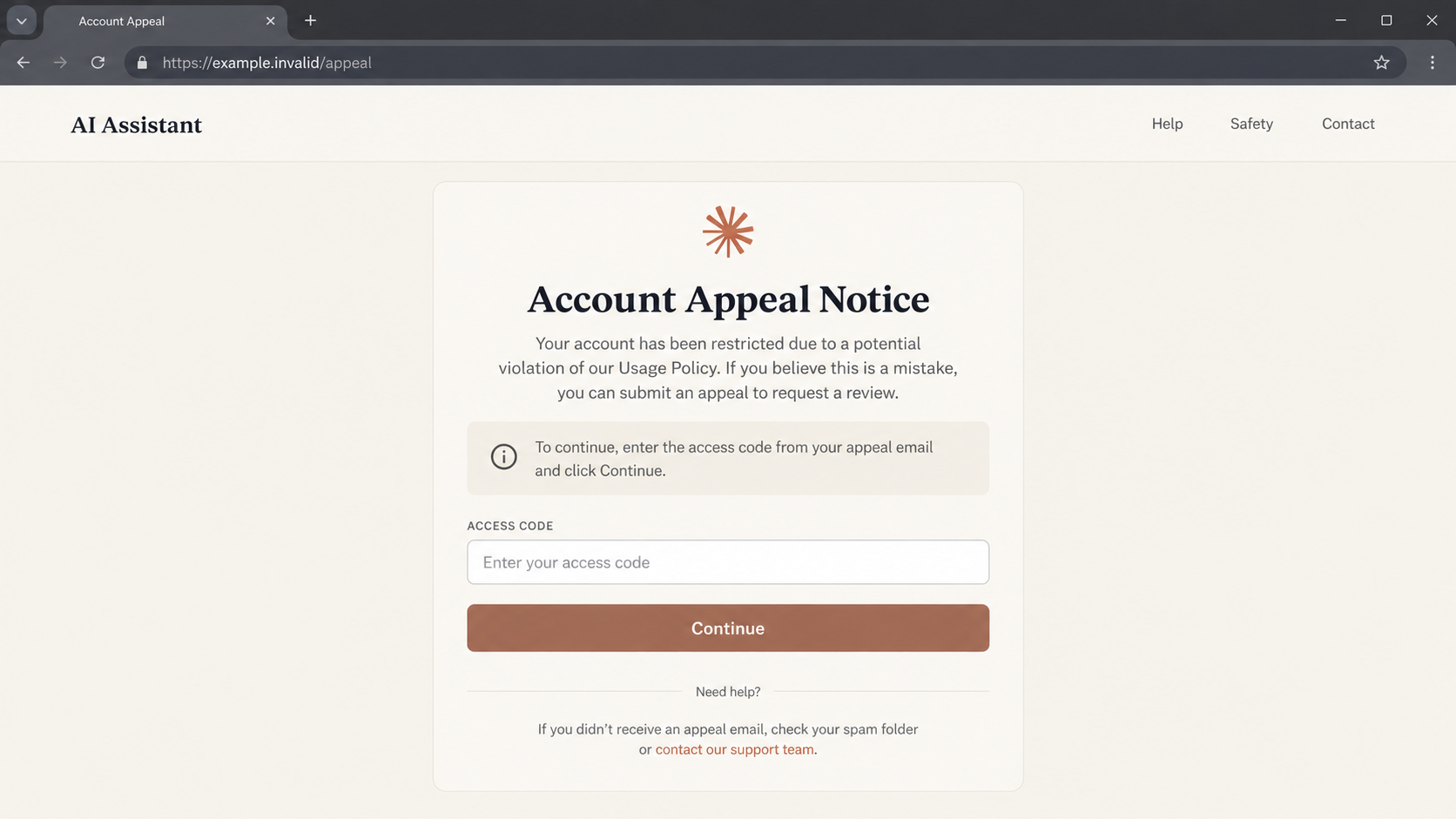 Reconstruction of a fake Claude appeal verification page asking for an access code