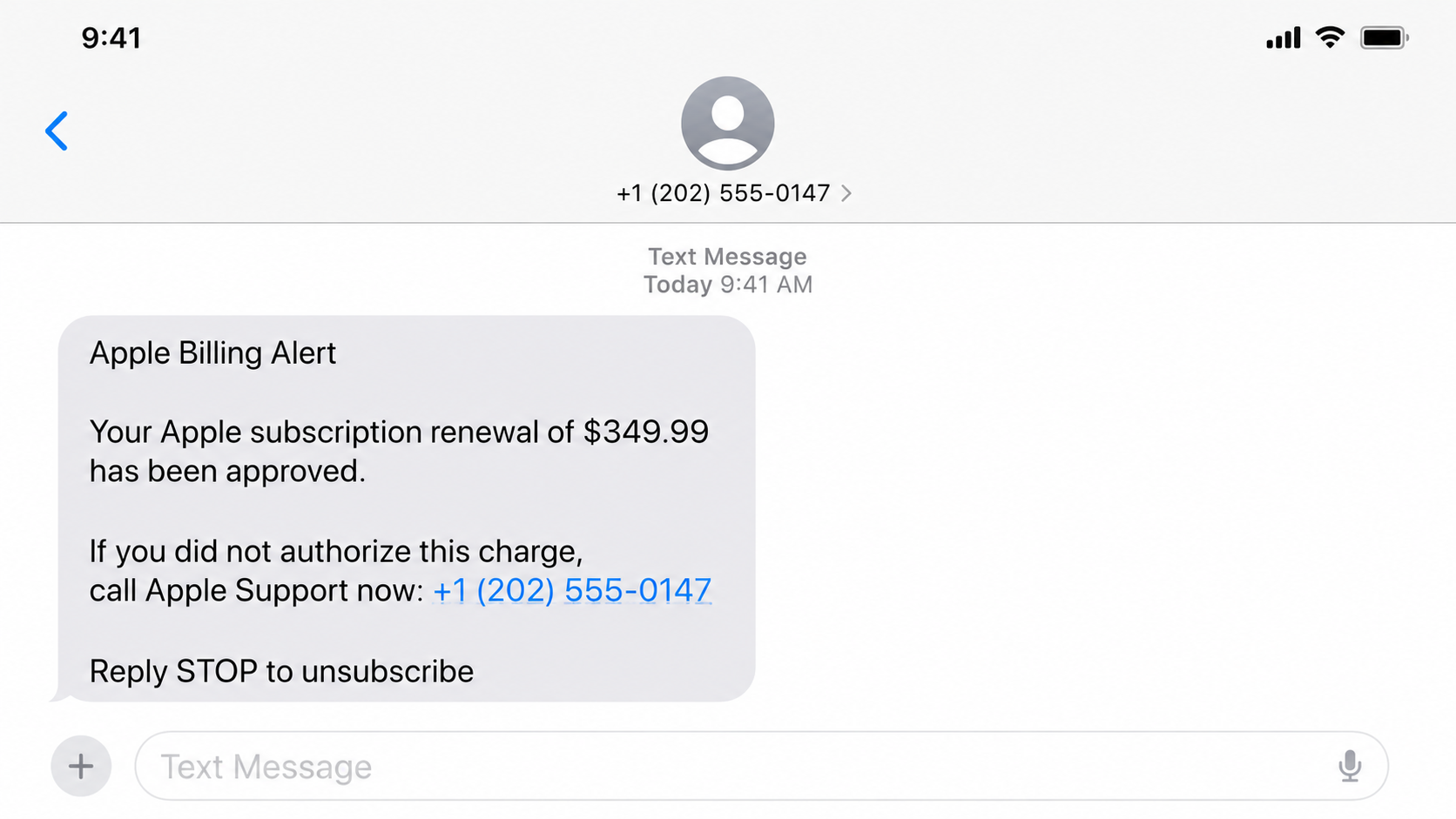 Fake Apple text message claiming a $349 subscription charge and giving a support number