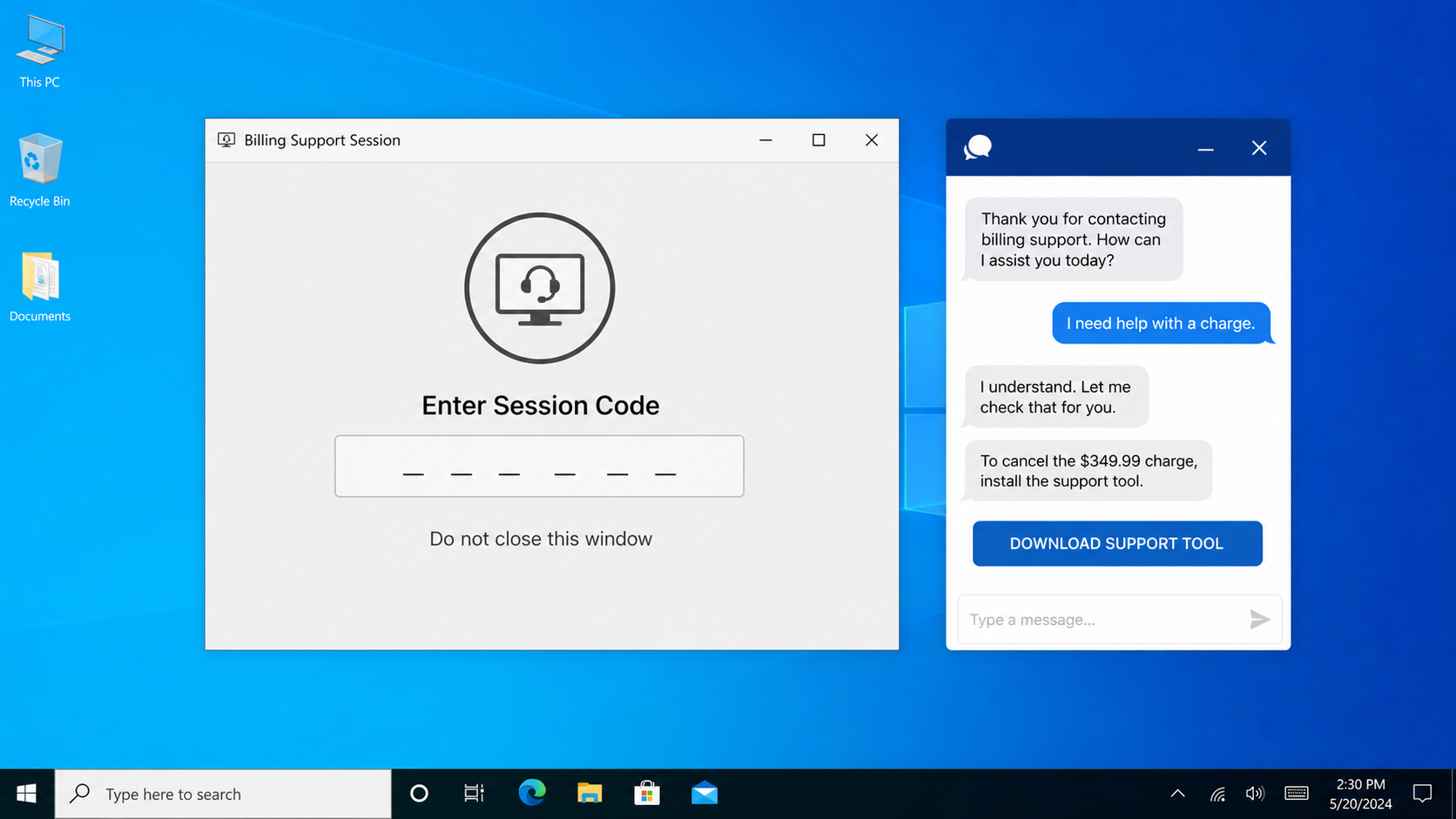Fake Apple billing support session requesting remote access for a fabricated refund