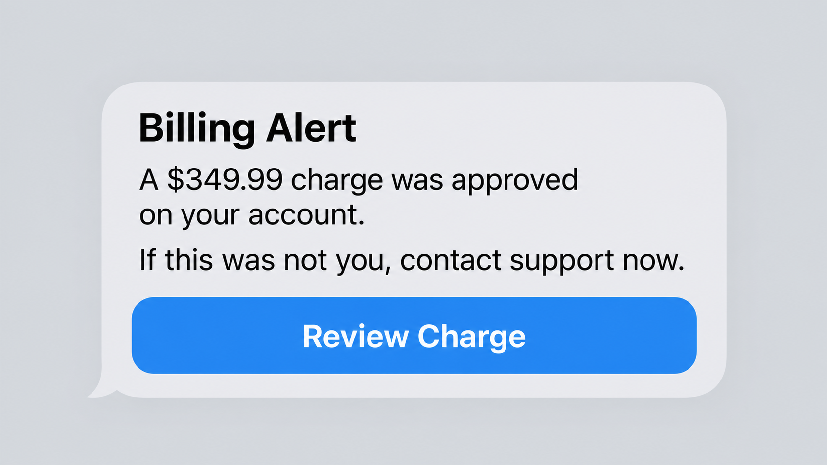 Fake Apple billing alert text claiming an unauthorized $349 charge