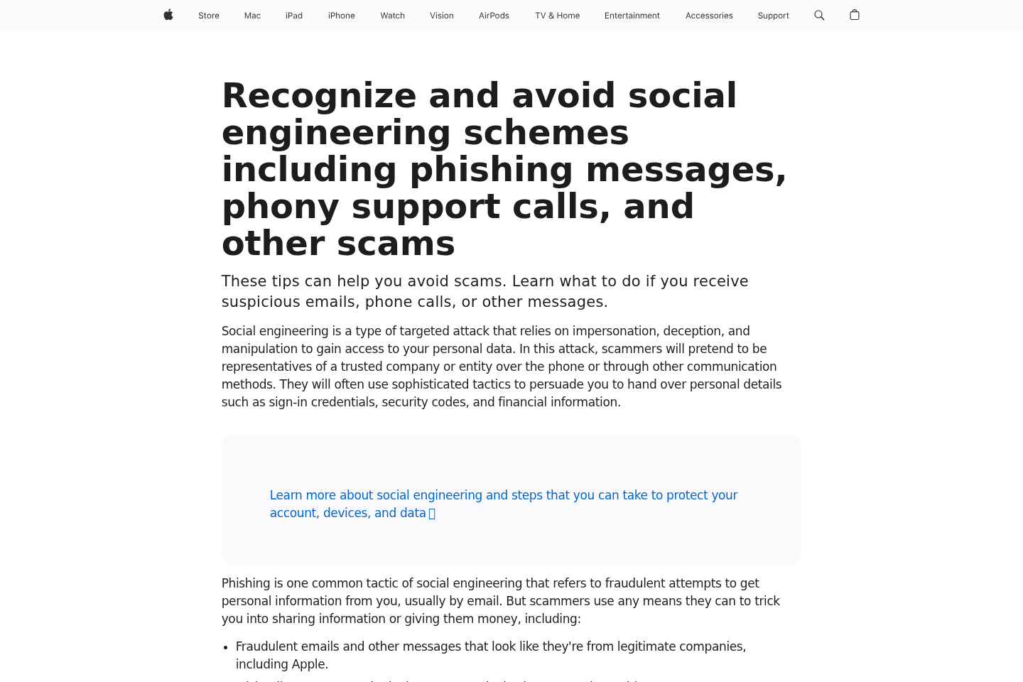 Apple guidance about identifying phishing messages and fake support contacts