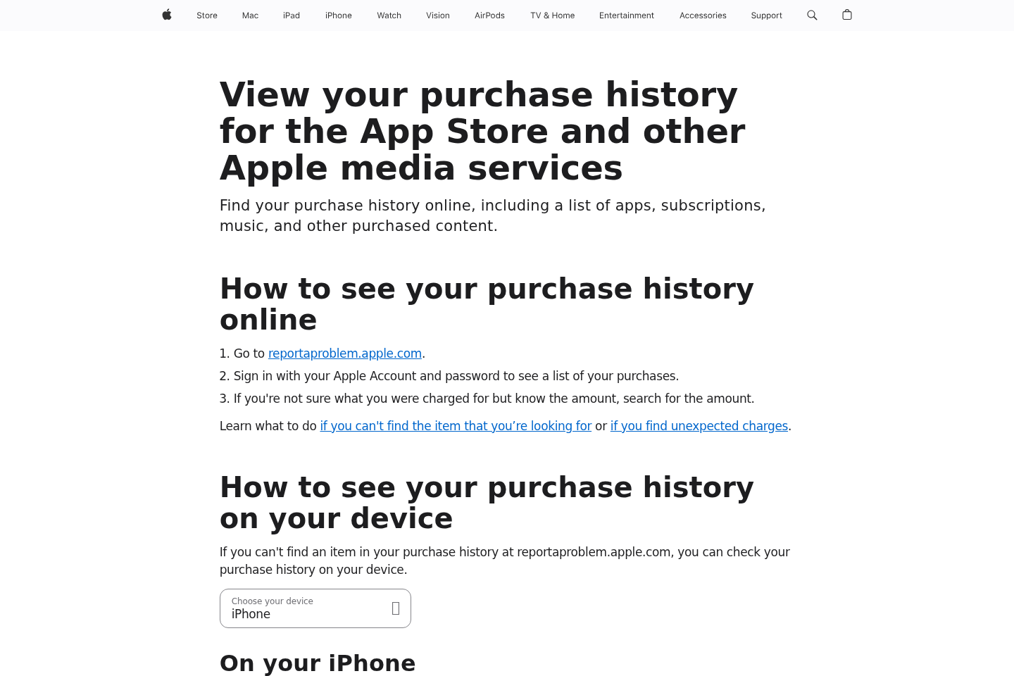 Apple Support instructions for checking App Store and Apple media purchase history