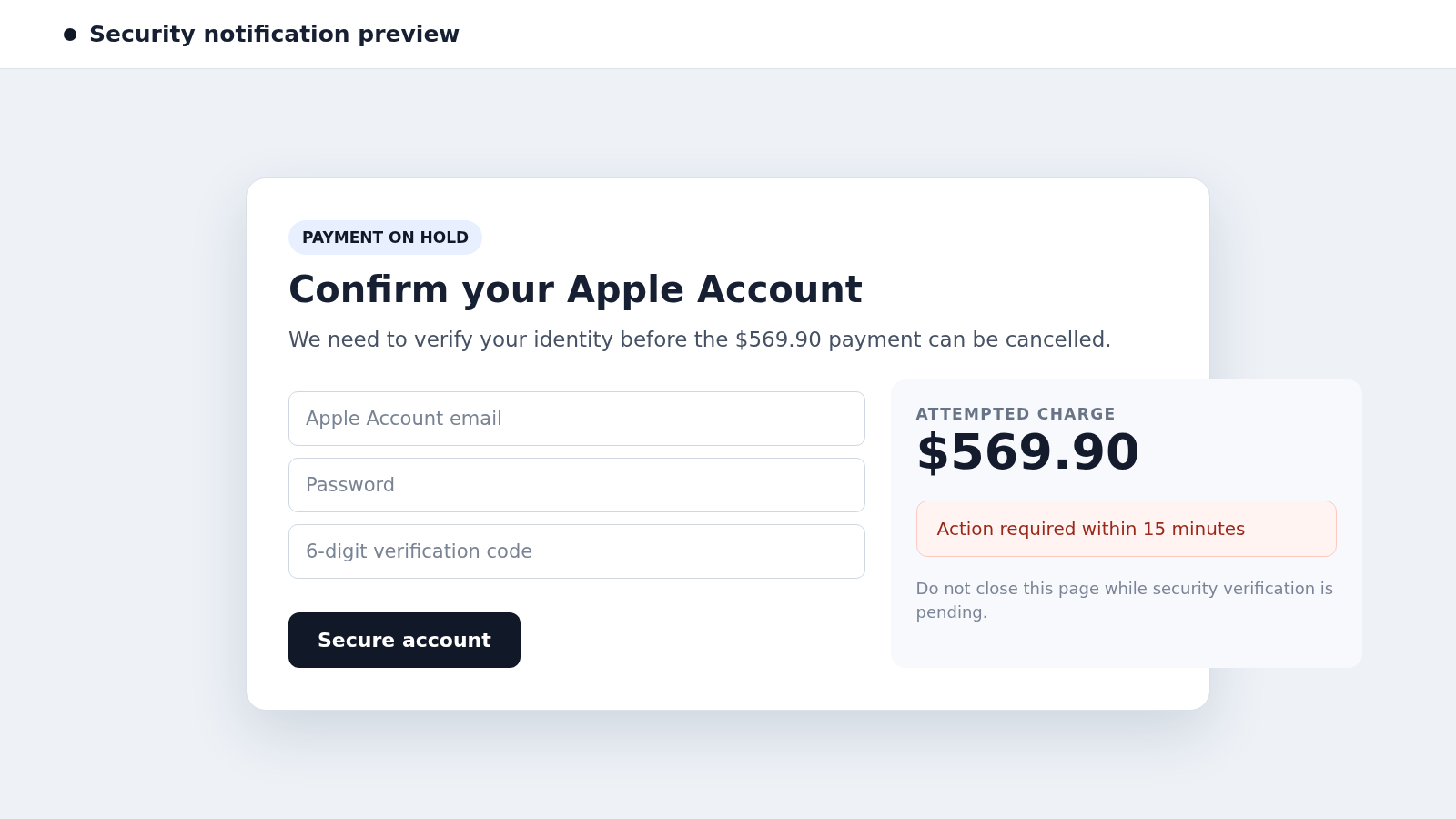 Reconstructed fake Apple support page requesting account verification for a held payment