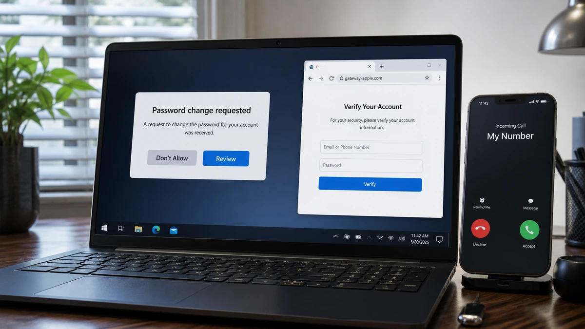 Fake Apple Support Uses Your Own Number to Steal Your Login 1 Realistic reconstruction of a password change alert followed by a spoofed call from the recipient's own number and a phishing page