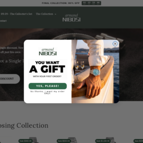 Armand Nibosi watch store showing an 80% final collection countdown and gift popup