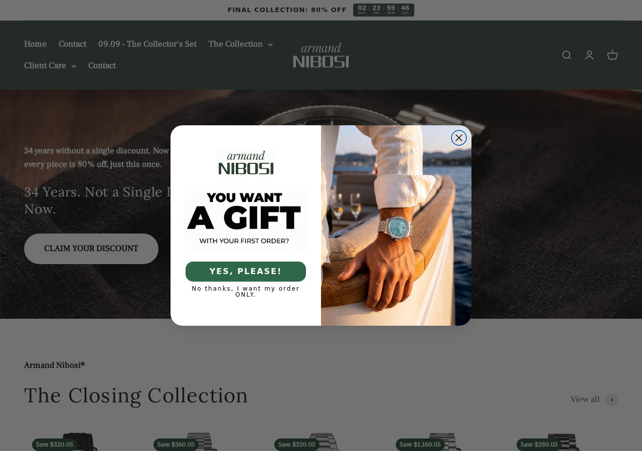 Armand Nibosi watch store showing an 80% final collection countdown and gift popup