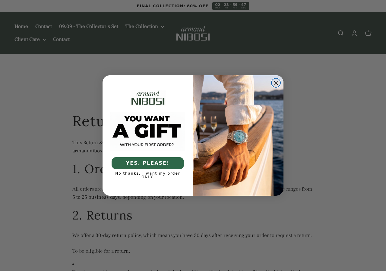 Armand Nibosi refund policy shown beneath the permanent closing-sale message
