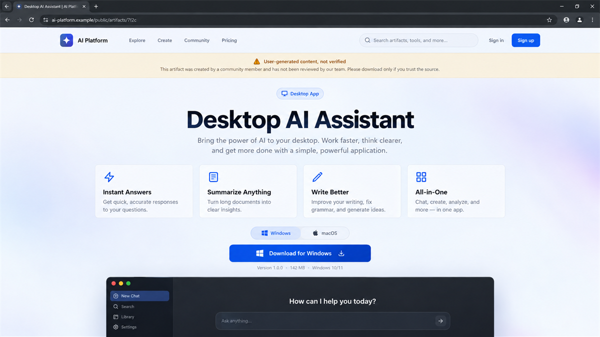Fake Claude Desktop Ads Install Password-Stealing Malware 2 Fake Claude Desktop download page hosted as user-generated content on a trusted AI platform