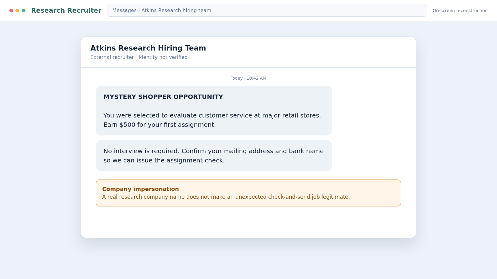 Atkins Research Global Scam: Fake Mystery Shopper Checks Steal Your Money 1 Reconstructed Atkins Research Global scam recruiter message offering mystery shopper work